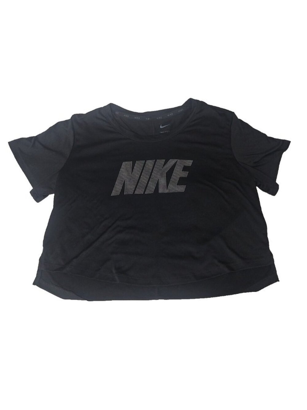 Nike Dri Fit Rhinestone Logo Womens Small Black Workout Running Athletic Box Top